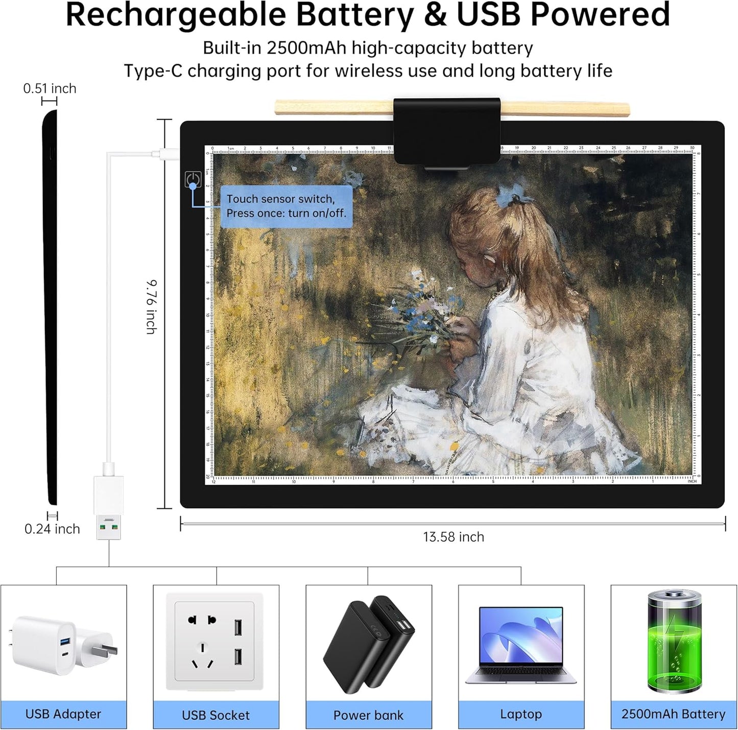 Mlife A3 Light Pad,Built in Battery Light Box,3 Colors Temperature,Stepless Brightness,Rechargeable LED Ultimate Light Board for Tracing, Diamond Art, Sketching