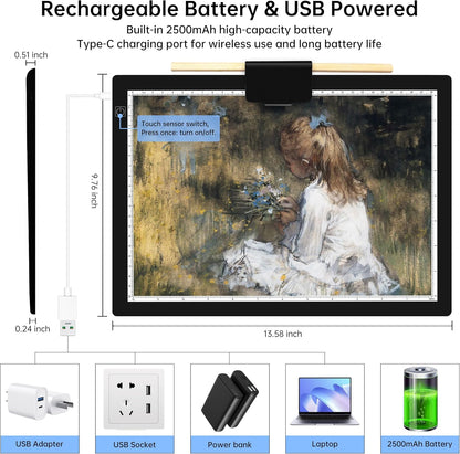 Mlife A3 Light Pad,Built in Battery Light Box,3 Colors Temperature,Stepless Brightness,Rechargeable LED Ultimate Light Board for Tracing, Diamond Art, Sketching