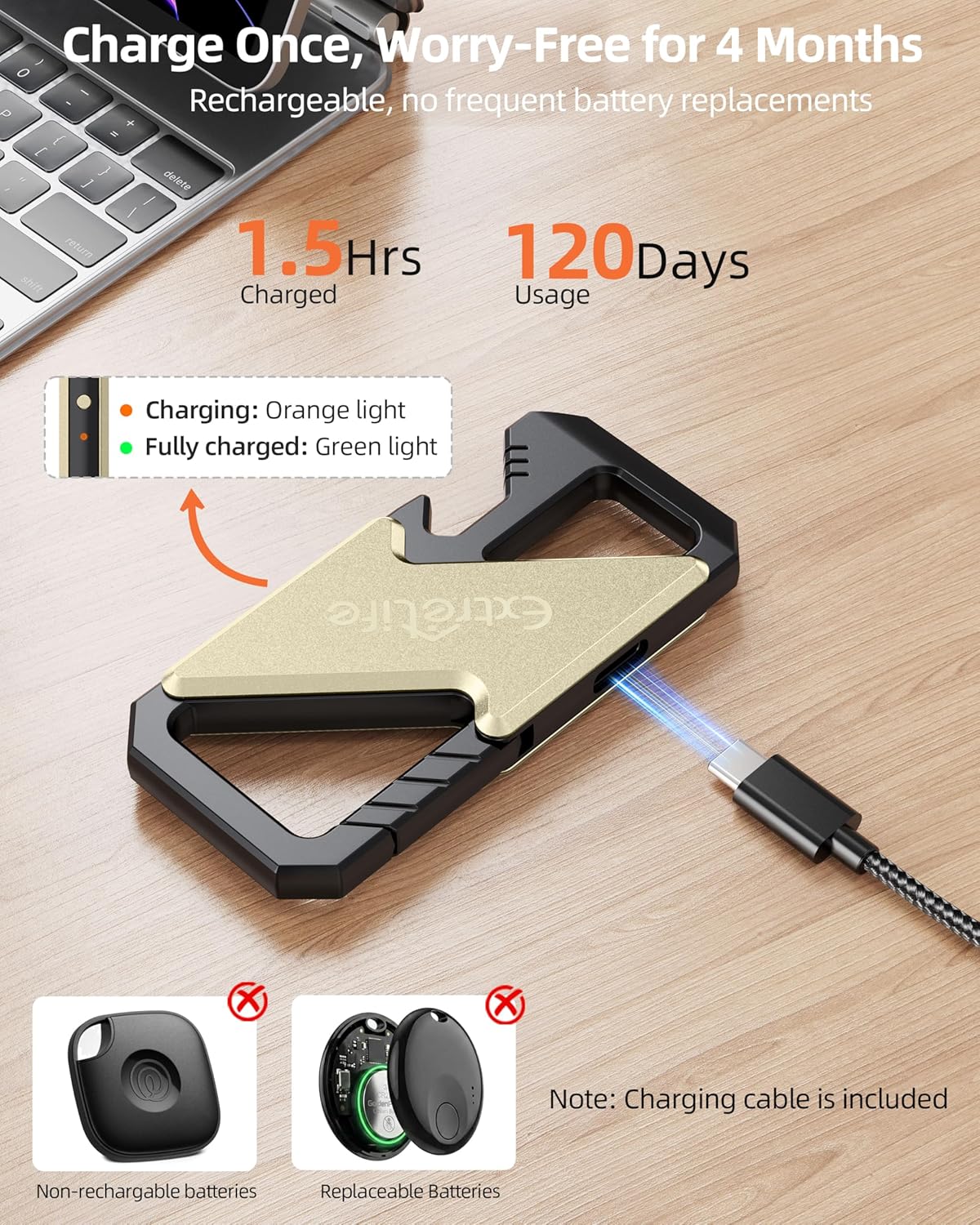 Keychain, Works with Apple Find My, Heavy Duty Keychain Bottle Opener, Carabiner Car Key Chains for Men & Women, Car Key Fob Holder, Anti-Lost Keys Tracker, Smart Keys Finder, Rechargeable, Black
