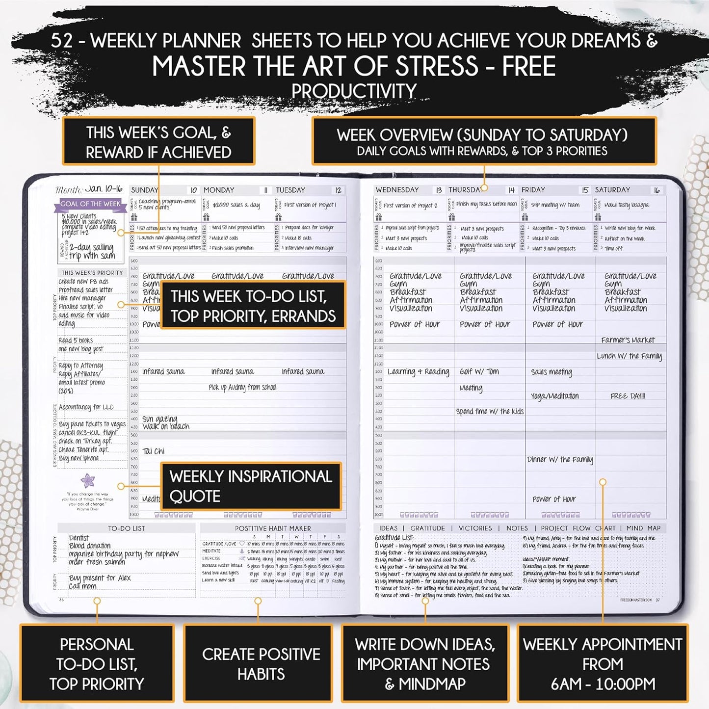 Life Planner - Undated Weekly & Monthly Planner, 12-Month Journey to Increase Productivity | Gratitude Journal, Life Organizer & Goal Journal | Include Foldable Vision Board, Habit Tracker & Stickers