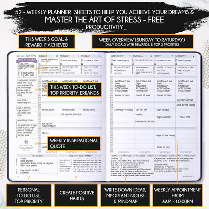 Life Planner - Undated Weekly & Monthly Planner, 12-Month Journey to Increase Productivity | Gratitude Journal, Life Organizer & Goal Journal | Include Foldable Vision Board, Habit Tracker & Stickers