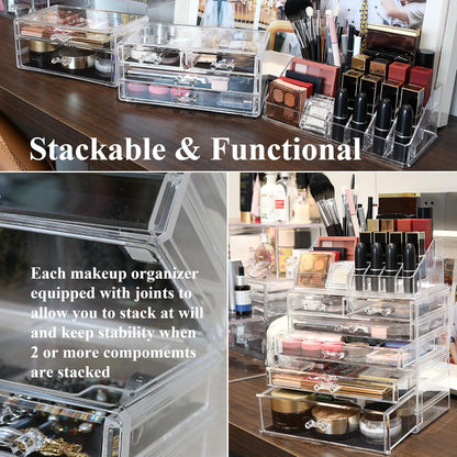 Sea Team Clear Makeup Organizer with Drawers, Acrylic Plastic Cosmetic Display Case, Jewelry Storage Box, Holder for Dresser, Bathroom, Vanity, Countertop (3 Middle Drawers)