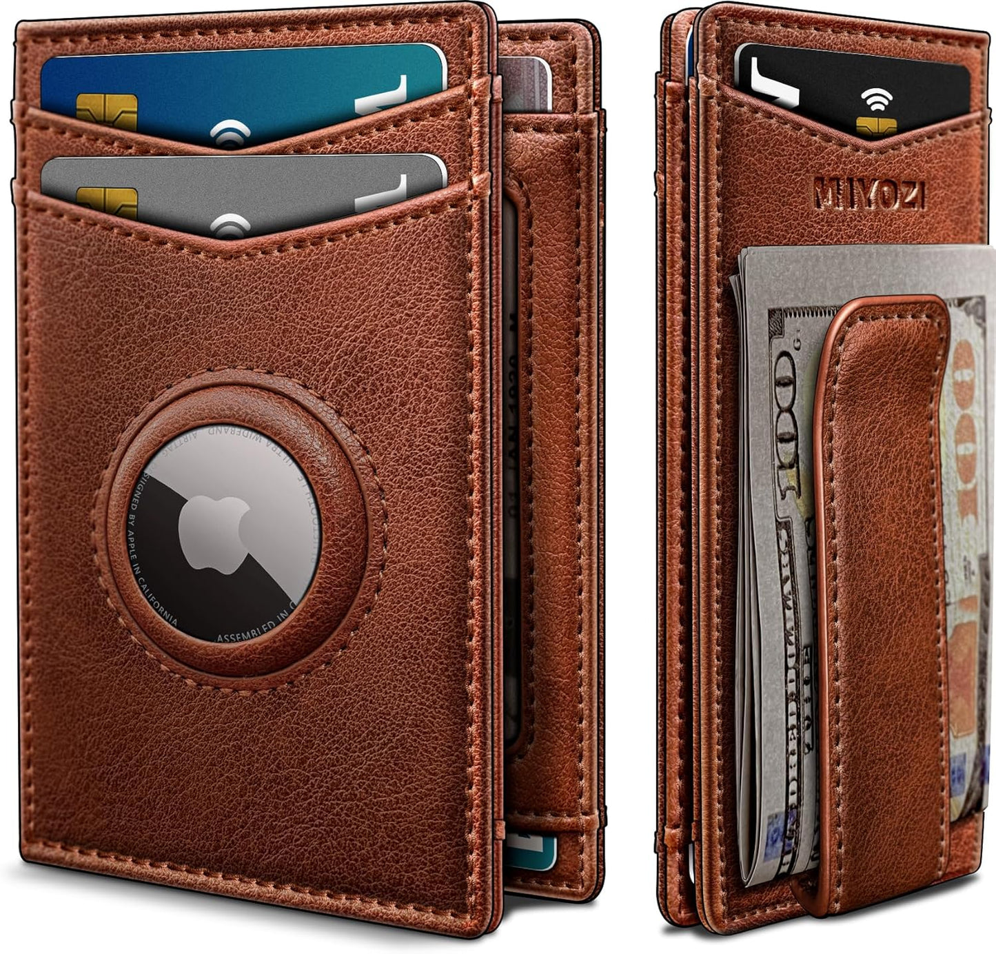 miyozi Airtag Wallet for Men- with Money Clip Gift Boxed, Magnetic Closure Slim Genuine Leather Front Pocket Wallet, 4.1"x 2.8", RFID Blocking