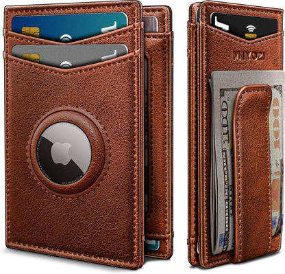 miyozi Airtag Wallet for Men- with Money Clip Gift Boxed, Magnetic Closure Slim Genuine Leather Front Pocket Wallet, 4.1"x 2.8", RFID Blocking
