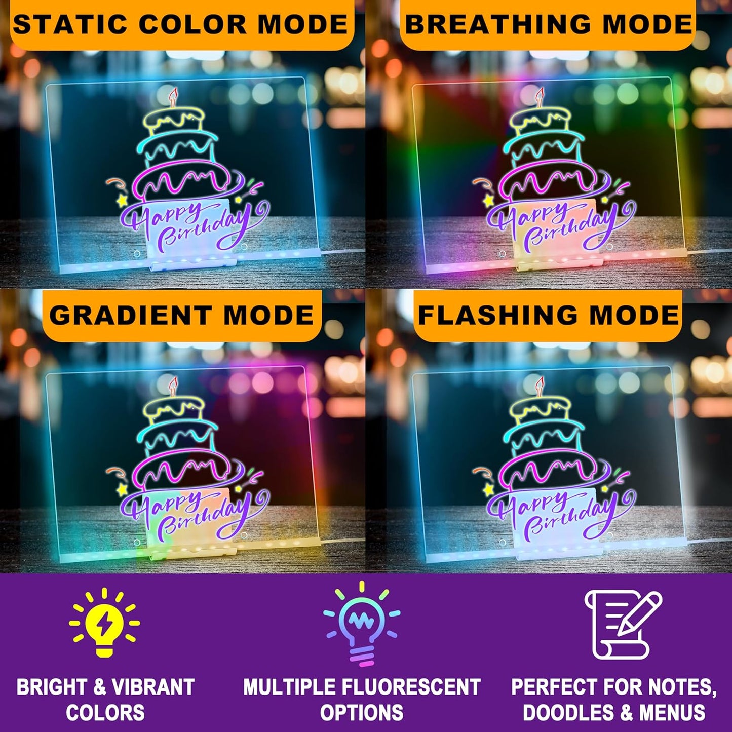 LED Drawing Board, 13.8"X10", Acrylic Note Board with Colors, Include Adapter, Acrylic Dry Erase Pad with Light 4 Modes & 7 Colors, 8 Markers, Stand, Hanging Chain, 2 Gel Clings, Holiday Gift