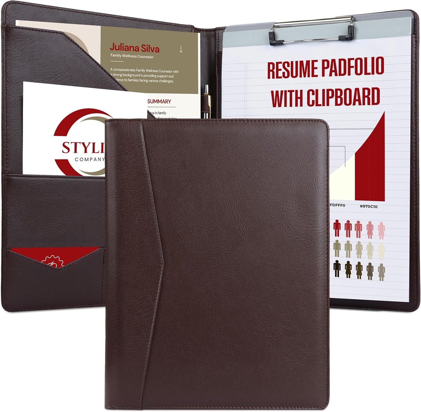 STYLIO Padfolio Portfolio Organizer Binder | Interview Resume Folder, Legal Document, Business Card Holder |w/Letter-Sized Notepad | Handsome Piano Noir Faux Leather Folio Matte Finish, Accent Stitch