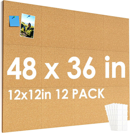 MaxGear Large Cork Board for Wall 36" x 24", 6 Pack Cork Board Tiles with 20 Pushpins & Safe Removable Adhesive Tabs, 12" x 12" Corkboards for Office, School & Home