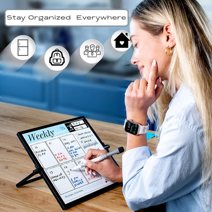Dry Erase White Board for Desktop & Wall 12"x16" with 2 Magnetic Removable Planners - Weekly & Monthly to Do List Board with Stand, 6 Markers Eraser & Wall Hangers - Portable Double Sided Magnetic
