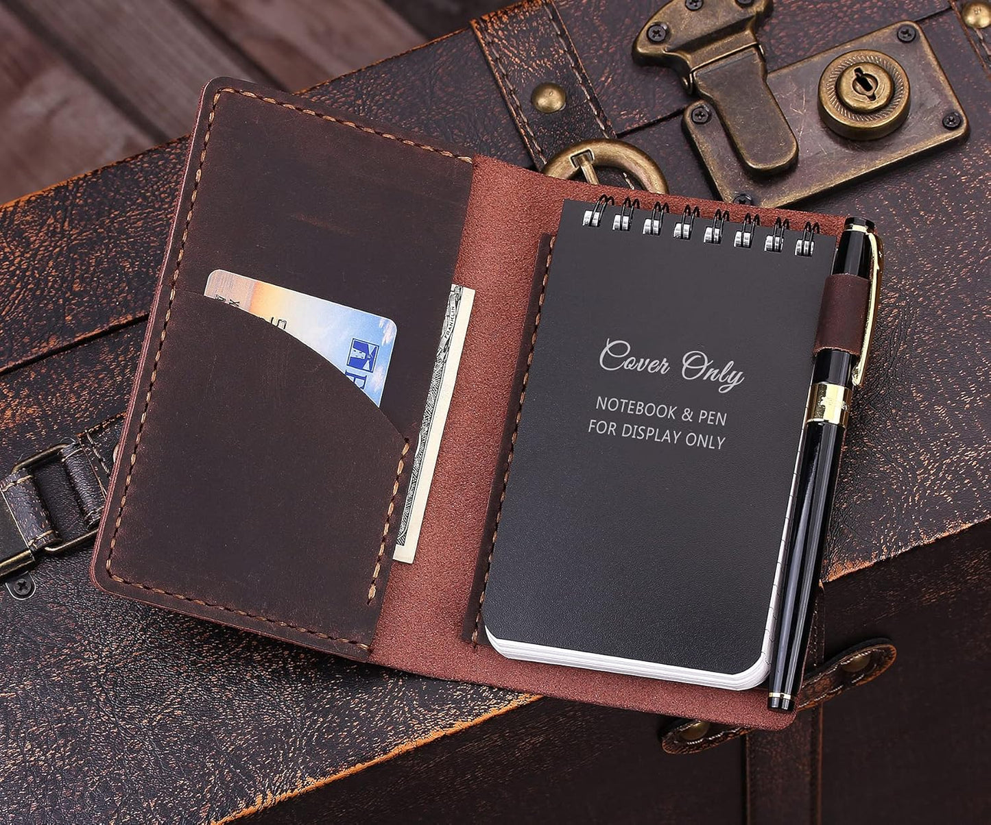 Robrasim Top Bound 3"x5" Memo Notebook Covers, Genuine Leather Cover for 3x5 Top-Spiral Notebook, Memo Book Cover Note Pad Holder Cover Only, Brown