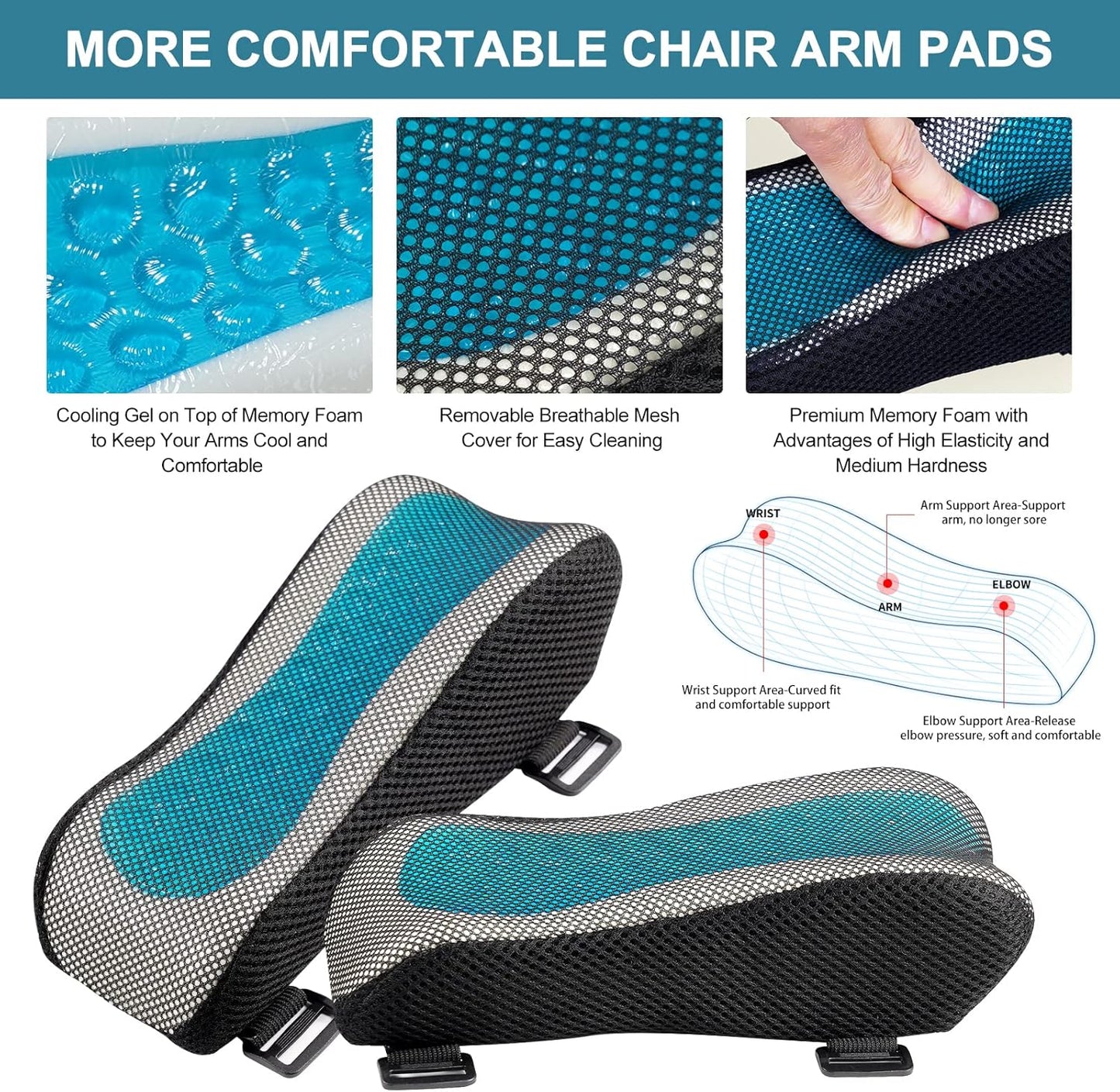 Office Chair Armrest Pads, Cooling Gel Computer Chair Arm Pads, Memory Foam Ergonomic Armrest Cushion for Gaming (2 Pack)