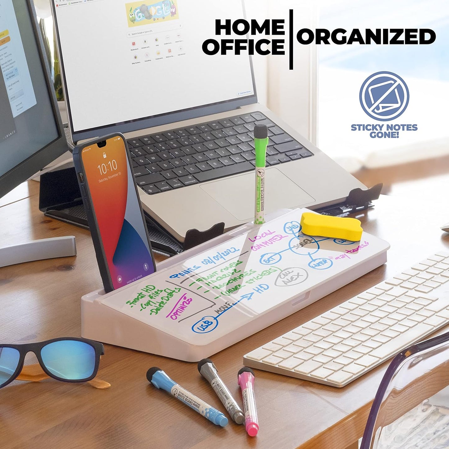Desktop Whiteboard - Glass Dry Erase White Board - Desk Computer Buddy – Home Office & Studying Essentials - with Phone & Tablet Slot, Storage Compartment - Includes 4 Markers, 1 Eraser (2 Pack)