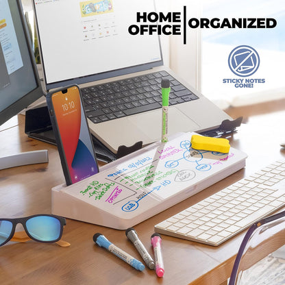 Desktop Whiteboard - Glass Dry Erase White Board - Desk Computer Buddy – Home Office & Studying Essentials - with Phone & Tablet Slot, Storage Compartment - Includes 4 Markers, 1 Eraser (2 Pack)