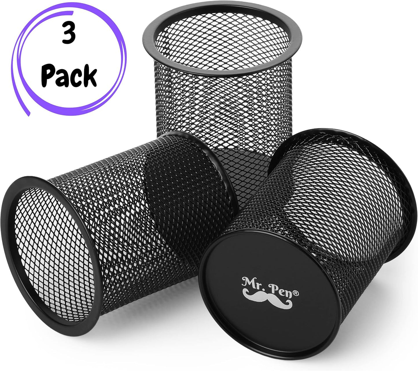 Mr. Pen- 3pcs Metal Mesh Pencil Cup Holder, Black Organizer for Desk, Pen Cups