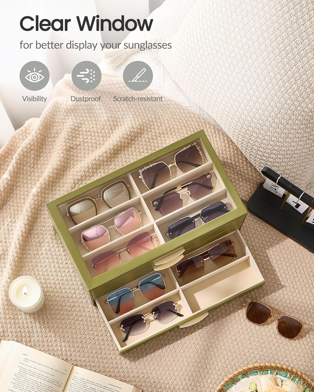 Lolalet Sunglasses Organizer for women, Multi Eyewear Storage Box with Drawer, Glasses Case Display Holder with Clear Top