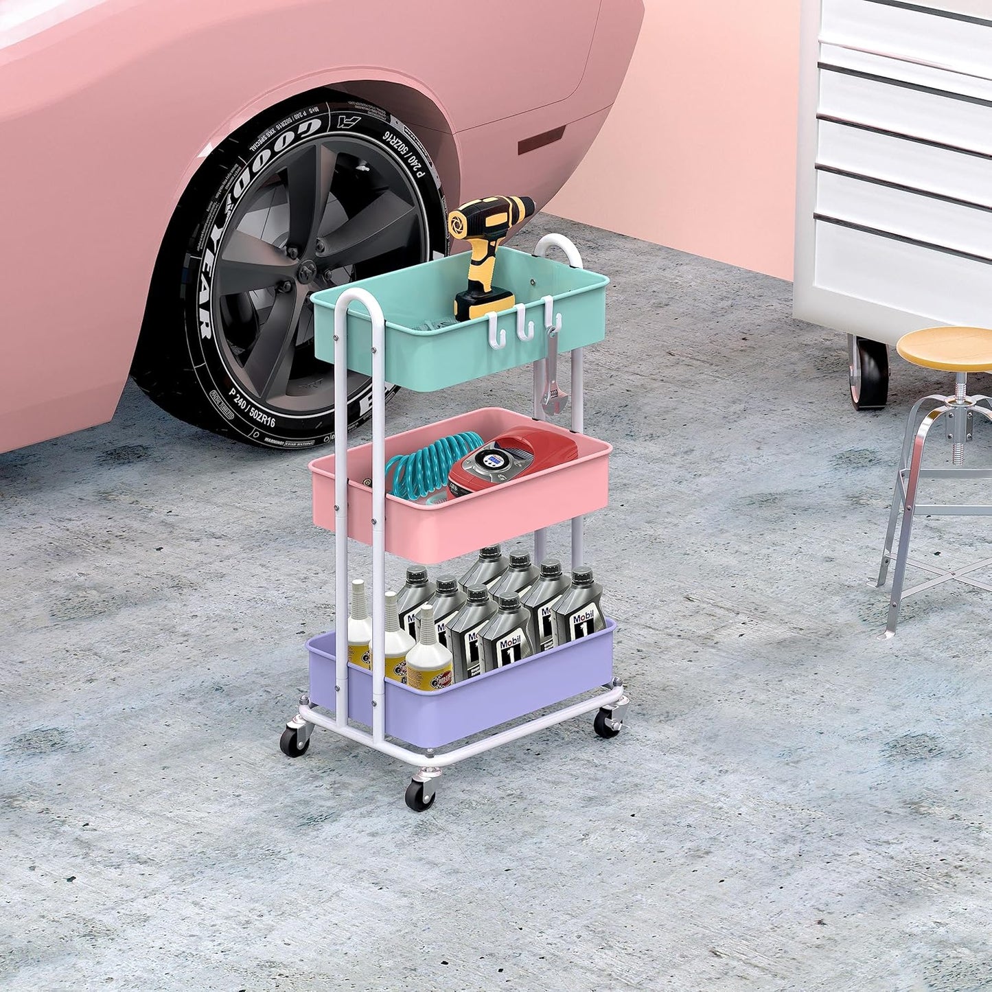 Simple Houseware 3-Tier Heavy Duty Metal Utility Rolling Cart, White