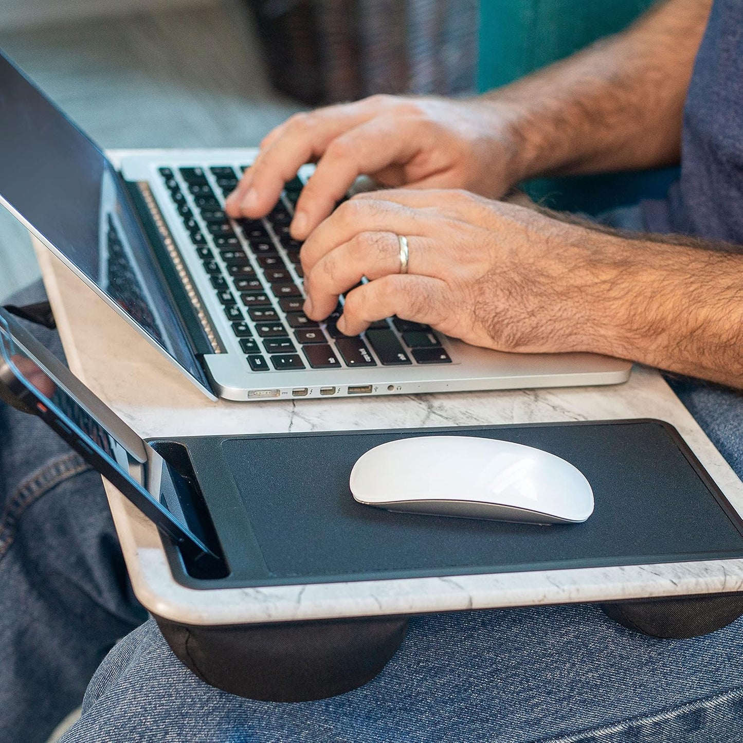 LAPGEAR Home Office Lap Desk - Left-Handed - with Mouse Pad, Device Ledge, and Phone Holder - White Marble - Fits up to 15.6 Inch Laptops - Style No. 91411