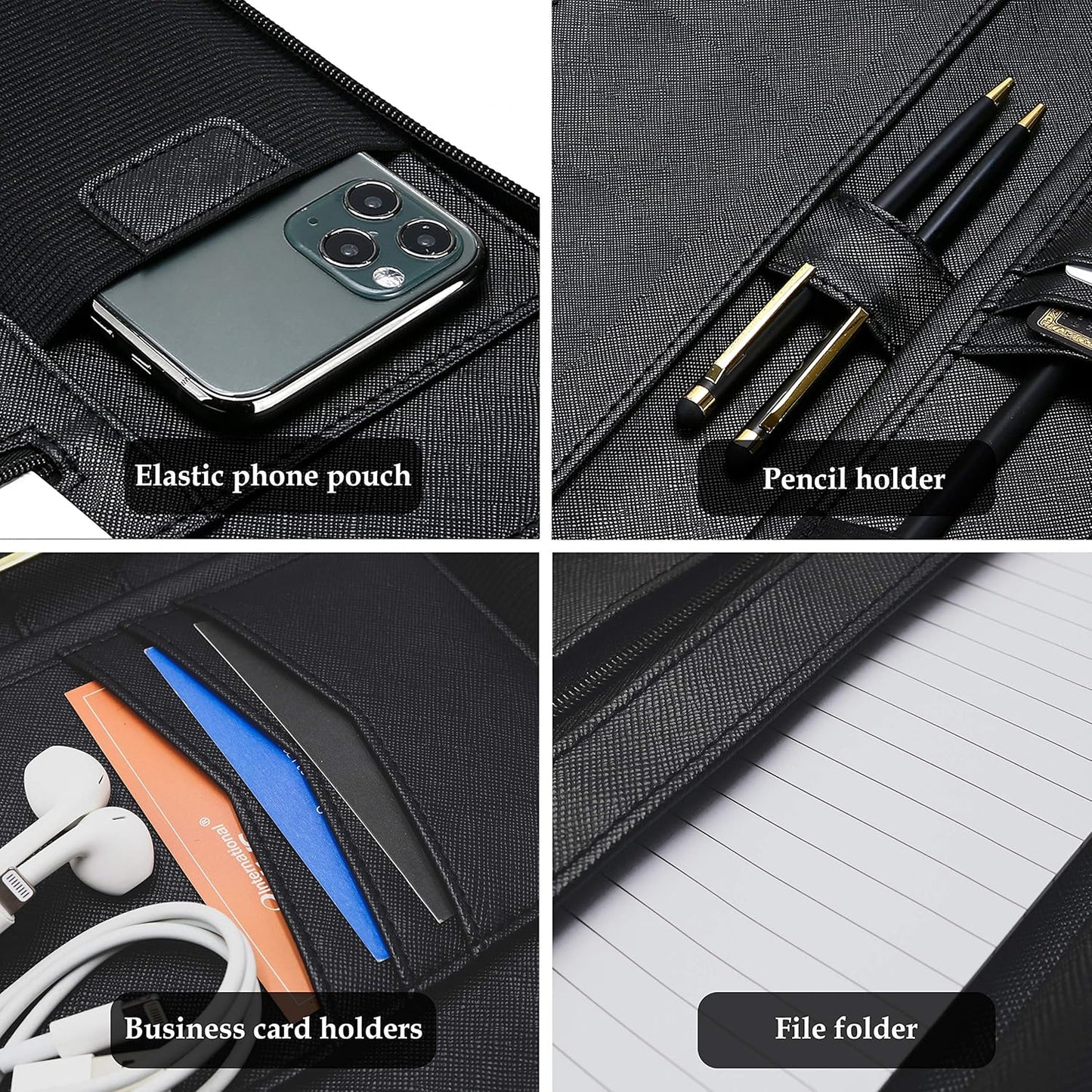 ProCase Portfolio Business Padfolio Folder with Zipper, Conference Meeting Executive File Legal Document Organizer with Pockets Letter Size A4 Writing Pad Notepad Padfolio -Black