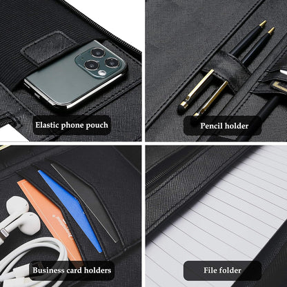 ProCase Portfolio Business Padfolio Folder with Zipper, Conference Meeting Executive File Legal Document Organizer with Pockets Letter Size A4 Writing Pad Notepad Padfolio -Black
